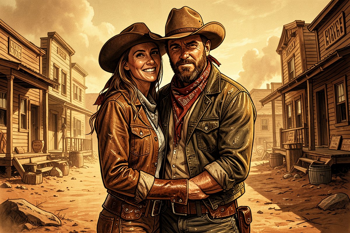 Dasselbe Foto im Cowboy-Stil samt Westernstadt